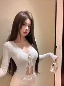 New Arrival Spring/Summer Sexy Niche Tie-Up Ruffle Edge Hollow Out Knit Cardigan For Women - Milky White - View 3