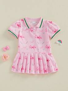 Vestido para niña pequeña de manga corta con cuello de solapa, estampado con tema de golf, corte en línea A y plisado - Rosa - Ver 6