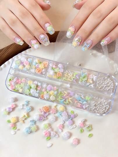 12 Grids 3D Rose Flower Nail Charms, Multi-Color Cute Florals Leaves Butterfly & Pearls Nail Gems For Summer And Spring - Colorful Resin Kawaii DIY Nail Decorations Gift Women Girls To DIY For Wedding Salon Party Nail Supplies