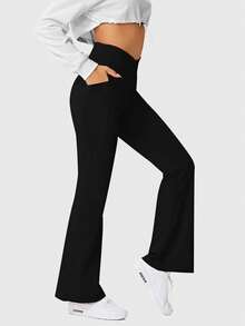 Speed mate High Waist Flared Pants Daily Fitness Sports Leggings, Women Butt Lifting Yoga Leggings,Women's High-Waisted Cross Design Flared Leggings Suitable - Black - View 2