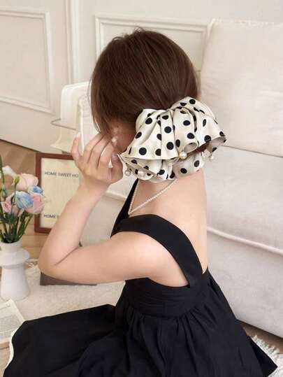 Dây buộc tóc lớn đính ngọc trai chấm bi thời trang mới năm 2026, kiểu Pháp, phụ kiện tóc sành điệu cho mùa xuân/hè.