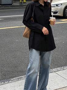 Women's Daily Commute Oversized Button Down Shirt 2026 Fall Spring Lapel Neck Long Sleeve Loose Fit Longline Shirt For Office Wear Layering Outing - Black - View 6