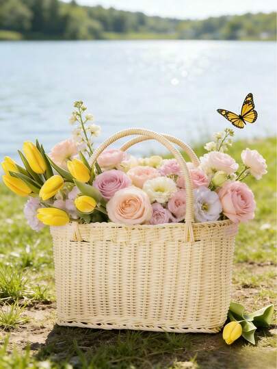 1 giỏ hoa đan, giỏ hoa cầm tay, giỏ hoa cô dâu bằng mây tự nhiên thủ công, giỏ hoa trang trí nhà cửa. Có hoa giả, lý tưởng để trang trí đám cưới hoặc lễ hội. Quà tặng Ngày của Mẹ.