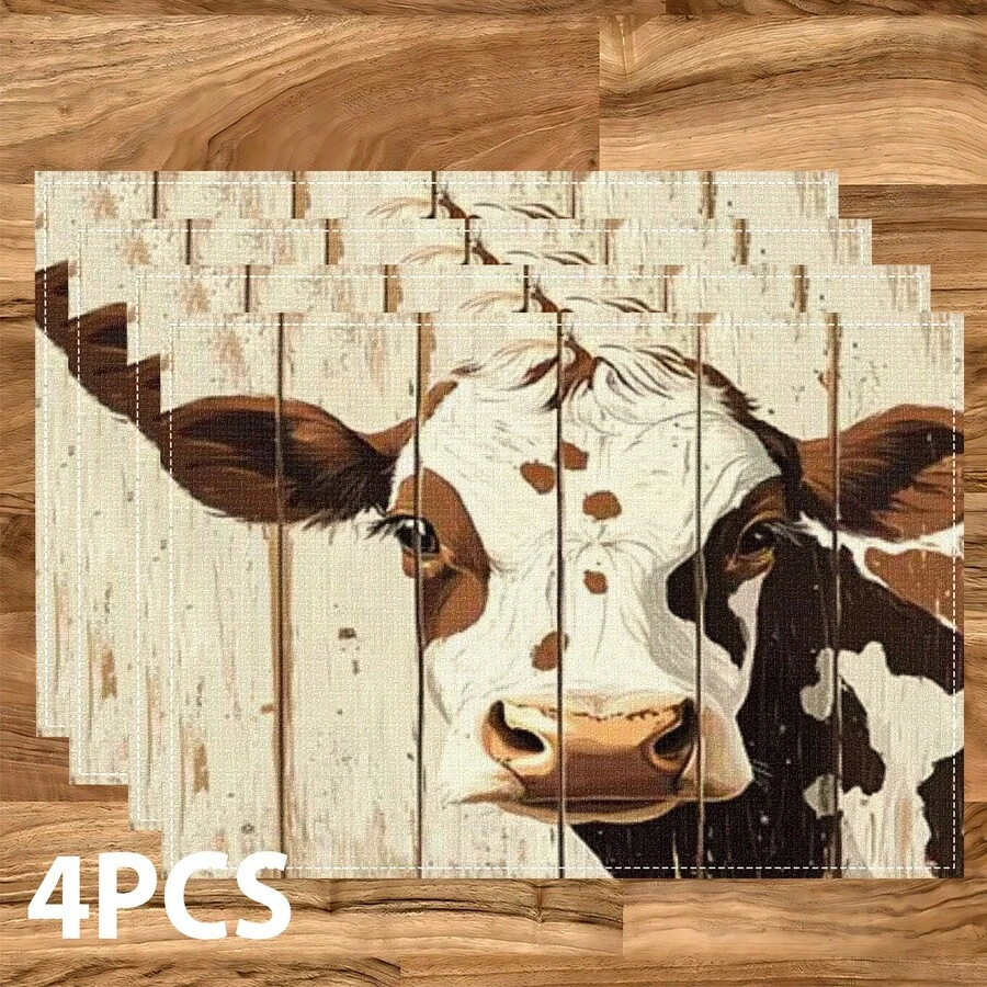 Bộ 4/6/8 chiếc, khăn trải bàn họa tiết bò sữa, trang trí tiệc, khăn trải bàn bằng vải lanh, đế lót ly in hình có thể giặt được, tấm bảo vệ bề mặt, vật trang trí lý tưởng cho nhà bếp trong dịp lễ và các buổi họp mặt gia đình. - Nhiều màu - Xem 1