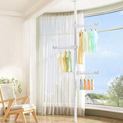Suport de uscare a hainelor de podea pentru uz casnic în dormitor, suport de uscare a hainelor de podea pentru fereastra balconului, fără perforații, tijă retractabilă