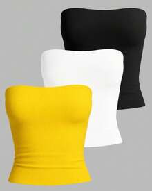 Kit Of 3 Strapless Cropped Tube Tops, Basic Lined Blouses, Blogger Style, Premium Fits Sizes 38 To 50 Plus Size - Kit3 Tube Preta Branca Amarelo Bandeira - View 1