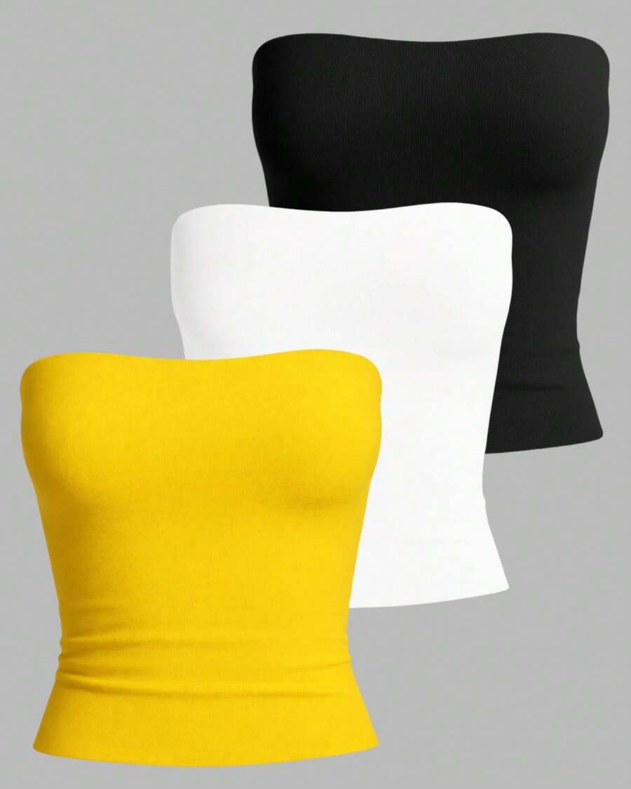 Kit Of 3 Strapless Cropped Tube Tops, Basic Lined Blouses, Blogger Style, Premium Fits Sizes 38 To 50 Plus Size - Kit3 Tube Preta Branca Amarelo Bandeira - View 1