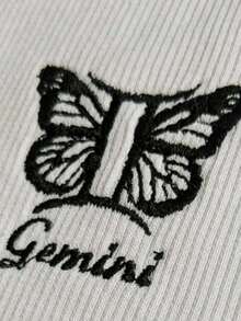 Cropped Ribana Canelado Regata Bordado Signo de Gêmeos - Bege - Visão 2