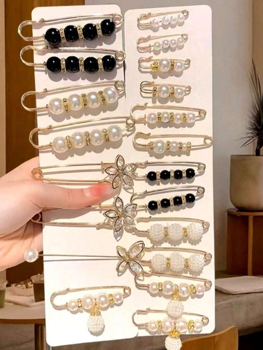 20 chiếc ghim ngọc trai cài eo quần nữ, phụ kiện chỉnh sửa eo, giúp giảm độ rộng eo và chống hở hang (không kèm hộp bìa cứng) - Đen và trắng - Xem 1