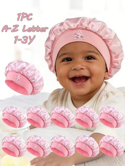 1pc Infant Soft Satin Sleeping Cap With Floral & Letter Embroidery, Elastic Sleeping Hat Suitable For 1-3 Years Old Babies, Wear For Sleeping, Walking, Daily Use