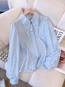 Plus Size Women Striped & Polka Dot Woven Fabric Blouse, Suitable For Dates, Holidays, School, Office, Home, All Seasons Vacation Spring - Blue - View 3