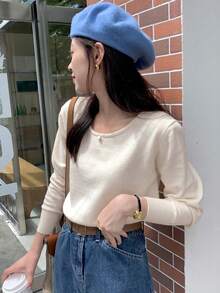 纯色落肩短款毛衣，柔软舒适，圆领针织上衣，韩式极简风格 - 香檳色 - 查看 6