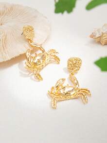 一对夸张时尚朋克风超大金属龙虾螃蟹吊坠耳环，复古镀金海洋动物造型耳环，适合女性海滩、派对、日常佩戴 - 金黃色 - 查看 3