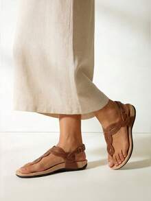 Athlefit Women's Orthopedic Arch Support Sandals Comfortable Thong T-Strap Orthotic Casual Flat Sandals - màu nâu - Xem 6