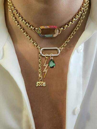 1pc Gold-Color 12 Zodiac Necklace, Fully Paved Diamond Lightning Pendant & Emerald Pendant, Stainless Steel Chain, Beautiful Holiday Gift For Women