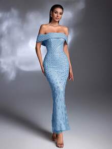 AMILUCK New Luxury High-End Sequin, Sequins, Lace Off-Shoulder Ruffle Hem Slit Elegant Dress, Suitable For Formal Occasions, Parties, Red Carpet, Weddings - Babyblå - Visa 6