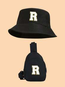 Bộ 2 món mũ tai bèo in 26 chữ cái viền vàng và túi đeo chéo cho trẻ em, mũ chống nắng ngoài trời nhẹ, trang phục thời trang đa năng unisex. - màu đen - Xem 13