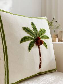 1pc Coconut Tree Embroidered Green Throw Pillow Cover, Fresh Green Plant Palm Tree Cushion Cover For Indoor Decor, Suitable For All Seasons, Pillow Insert Not Included - Green - View 6