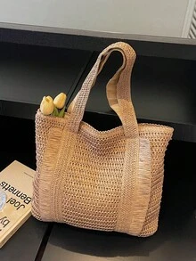 新款时尚多功能手提包，沙滩度假包，轻便优雅编织设计，波西米亚风单肩包，大容量通勤及日常购物包，适合女性、大学生、青少年，带流苏吊坠 - 卡其色 - 查看 9
