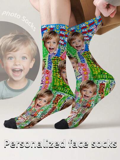 1 đôi tất dài đến bắp chân tùy chỉnh cho bé trai, có thể in bất kỳ hình mặt nào, tất in ảnh cá nhân, tất dài đến bắp chân với họa tiết tùy chỉnh vui nhộn, thích hợp làm quà tặng cho Ngày Valentine, sinh nhật và các dịp khác, tất tùy chỉnh cá nhân hóa.