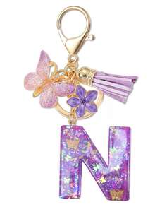 1个紫色蝴蝶字母钥匙扣，饰有闪亮亮片、流苏和珐琅花朵吊坠，时尚手提包挂件，母亲节礼物 - 淡紫色 - 查看 17
