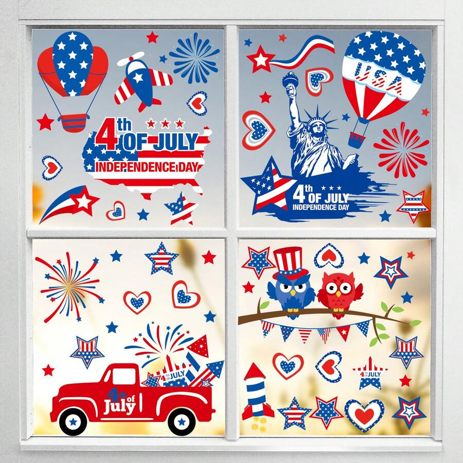 1 Set Of 9 Pcs Independence Day Themed Window Stickers, Includes Car, Hot Air Balloon, Statue Of Liberty Patterns, July 4th Window Decor, Removable Static Cling Glass Stickers, Suitable For Bedroom, Living Room, Balcony And Display Window Decoration - Independence Day - View 1