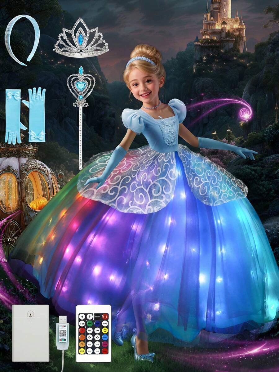 Girls' Princess Dress, Synchronized With Music, APP Controlled, RGB Lighting Princess Dress Suitable For Halloween And Christmas Costumes (Batteries Not Included)