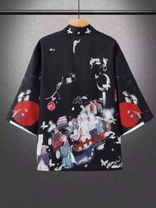 日式狐妖印花七分袖浴袍，动漫宽松防晒开衫，男士和服外套 - 黑色 - 查看 4