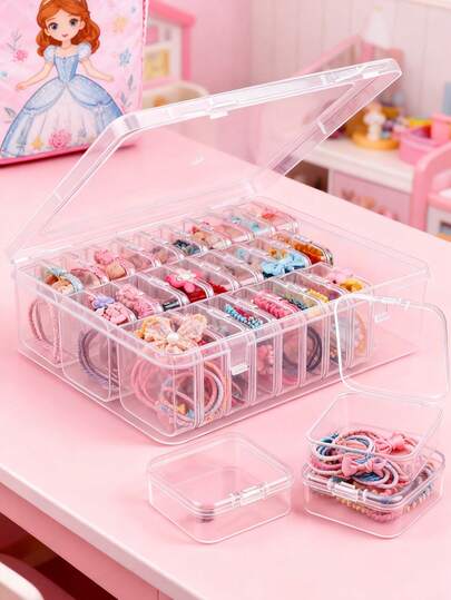 1pc 30-Slot Hair Accessory Storage Box, Transparent Visible Easy-Open Design, Multi-Compartment For Hair Ties, Clips, Headbands