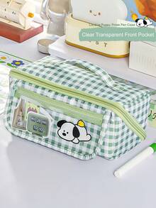 1pc Cute Large Capacity Plaid Check Dog Pencil Case, Cartoon Multifunctional Stain Resistant Stationery Bag, Flip-Top Magnetic Buckle Stationery Pouch Clear Transparent Front Pocket For Primary School Students - Multicolor - View 9