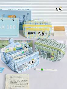 1pc Cute Large Capacity Plaid Check Dog Pencil Case, Cartoon Multifunctional Stain Resistant Stationery Bag, Flip-Top Magnetic Buckle Stationery Pouch Clear Transparent Front Pocket For Primary School Students - Multicolor - View 8