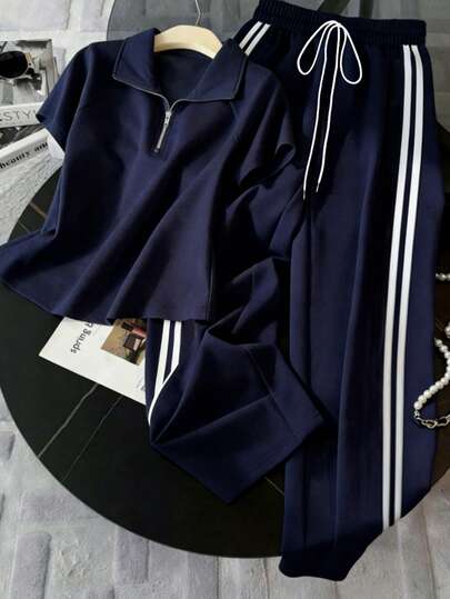 Bộ đồ thể thao nữ cỡ lớn, cổ bẻ, khóa kéo phía trước, dáng rộng, ống thẳng, phối màu tương phản, thích hợp cho mùa xuân/hè.