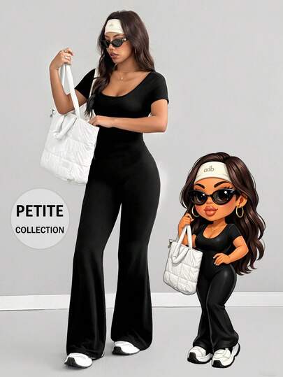 Macacão PETITE da AITYI Studio para Mulheres, Bem Ajustado, Casual, Decote em U, Cor Sólida, Moda Sexy, Confortável, Ajuste Slim, Esportes ao Ar Livre Versáteis, Y2K, Festa na Praia, Formatura, Volta às Aulas, Carnaval, Festival de Música da Primavera/Verão, Malha Elástica, Manga Curta, Perna Flare