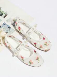 Children's Fashion Breathable Mesh Embroidered Pearl Shoes With Small Floral Pattern, Comfortable Non-Slip Soft Flat Shoes For Girls, Suitable For Indoor, Outdoor, Party, All Seasons - White - View 4