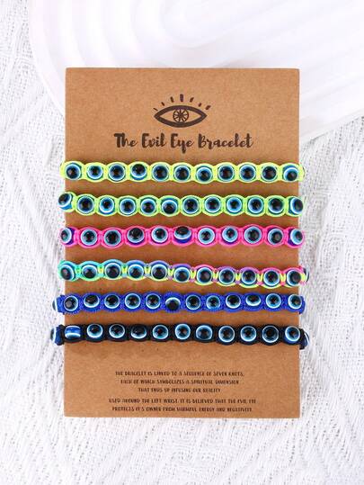 6pcs/Set European And American Fashion Accessories Evil Eye Bracelet, Multi-Color Turkish Blue Eye Handmade Braided Bracelet, Versatile