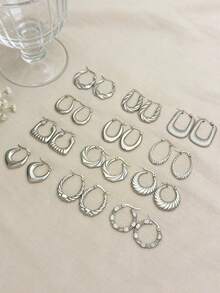 12对银色304不锈钢耳环，优雅女士耳环 - 简约韩式风格，不对称设计，适合日常佩戴和派对场合，理想的生日礼物，优雅耳环，不锈钢饰品，母亲节礼物 - 銀色 - 查看 3
