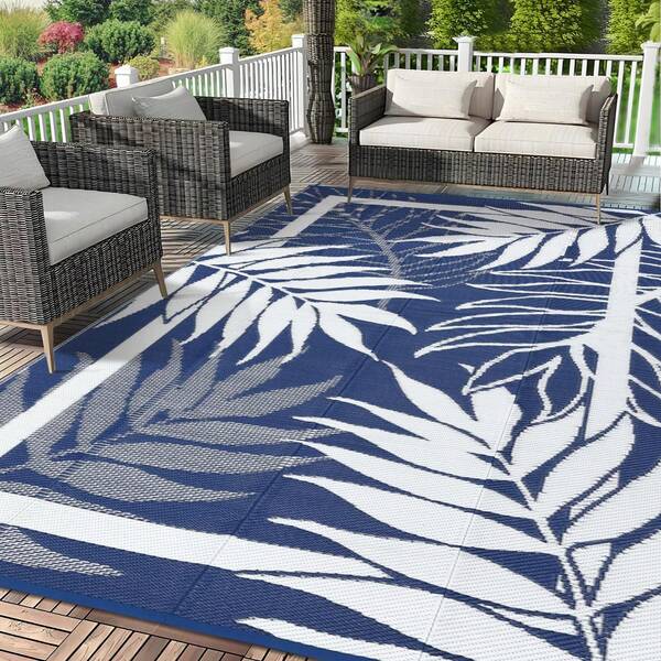 Studyset 9x12FT Outdoor Rug With Palm Leaf Pattern, Waterproof Reversible Patio Carpet, Fade Resistant Outdoor Area Rug With Heavy Duty Non-Slip Backing For Deck, Backyard, Pool, Porch, Living Room