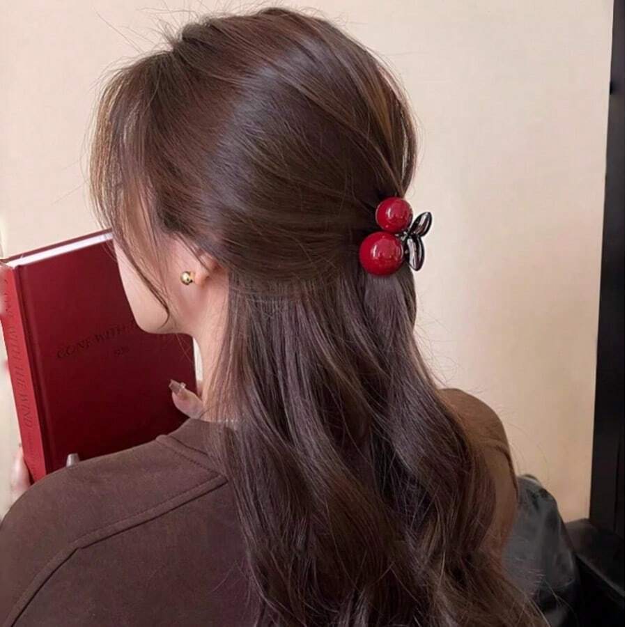 1-2个安库拉红色樱桃发夹，精致优雅的侧刘海/马尾发夹，发饰 - 彩色 - 查看 1