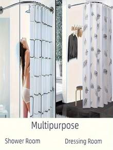 Barra de cortina de ducha ajustable de acero inoxidable, estantería de esquina para baño en forma de L, fácil instalación con agujeros, accesorios de baño de metal para cortina y ganchos - B - Ver 7