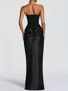 Maggie 女士性感无肩带修身长裙，夏季缎面垂褶连衣裙，黑色系带露背优雅生日派对鸡尾酒裙 - 黑色 - 查看 11