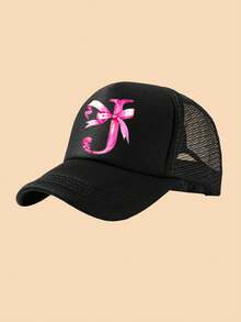 1pc White Truck Driver Mesh Cap, A-Z Bow Letter Print Baseball Cap, Adjustable Size Suitable For 3-8Y Boys & Girls, Suitable For Kids Back To School - Black - View 5