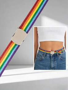 1 Pieza Cinturón de lona con hebilla automática a rayas arcoíris - Cinturón ajustable y duradero unisex para vaqueros casuales, ropa urbana y atuendos diarios - Multicolor - Ver 11