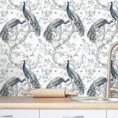 1 Roll Classical Peacock Pattern Self-Adhesive Wallpaper, Retro Leaf French Chinese Style Removable Wallpaper, PET Seamless Peelable Contact Paper, Waterproof Moisture-Proof Wall Protector Film, Easy To Peel And Stick, Removable, Easy To Install, Durable, Suitable For Kitchen, Dining Room, Living Room, Foyer, Sofa Background, Study, Bedroom Headboard, TV Wall Decor, Cabinet Furniture Renovation, Rental House Decoration And Remodeling, Straight Match, 17.32x118.11/196.85/393.7 Inches