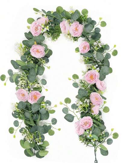 1/4pcs 180cm Artificial Green Leaf Wreath With Pink Roses, Suitable For Tabletop, Wedding, Garden Decor, All Seasons