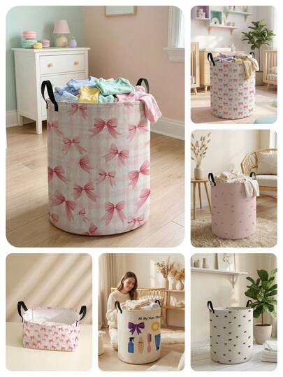 1pc Bow Pattern Printed Large Capacity Foldable Round Storage Basket With Handle, Multi-Purpose Storage Basket For Nursery, Baby Diaper, Clothes, Toys And Other Accessories