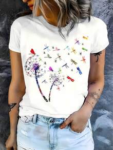 A Stylish Top For Women Featuring A Beautiful Shirt Design With A Colorful Butterfly And Dragonfly Dandelion Pattern, Elegant Women'S Blouse, Round Neck T-Shirt, New Arrivals For Spring - 白色 - 查看 7