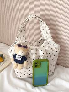 Túi tote màu trắng dễ thương in hình trái tim và nơ, kèm móc khóa hình gấu bông, túi xách đeo vai Kawaii dành cho nữ, phù hợp sử dụng hàng ngày và đi học. - Màu be - Xem 2