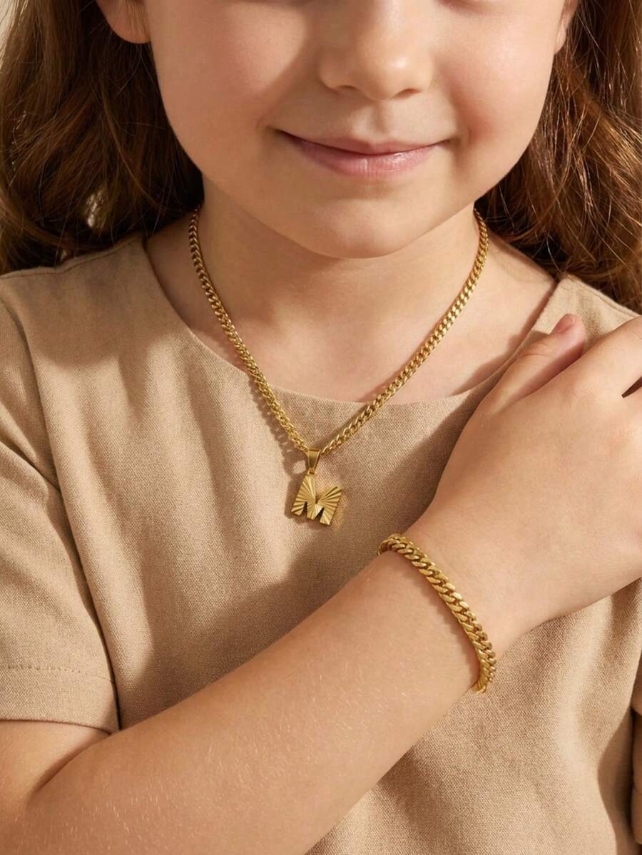 2 Stück/Set minimalistischer goldener Edelstahl Buchstaben Anhänger Halskette, modisches Schmuckzubehör, Straßenschmuck, Geschenke, Accessoires, Souvenirs, Urlaubsaccessoires - Gold - Übersicht 1