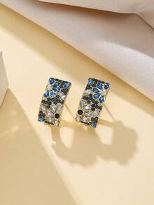 1 Pair Women's Vintage Blue & Cubic Synthetic Zirconia Hoop Earrings - Multicolor Flower & Leaf Hoops With Blue/Green/White/Gold Color/Grey, Sparkling Party Wedding Jewelry Gift For Christmas, Anniversary - Earrings - View 3