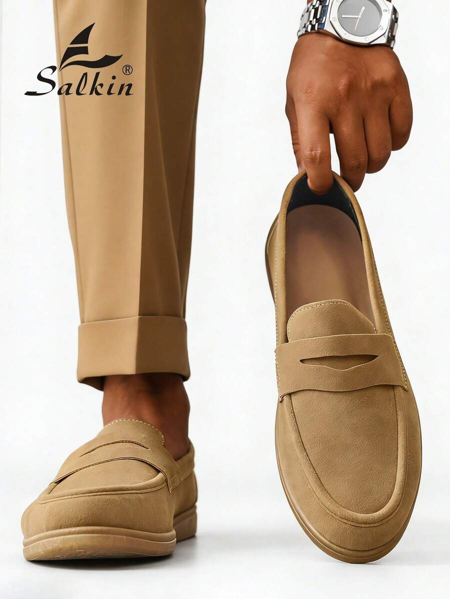 Salkin Mocasines de diseñador para hombres, zapatos casuales de ante sintético, suaves, cómodos, transpirables, antideslizantes, planos, versátiles para trajes, estudiantes, graduación, negocios, fiestas, bodas, primavera/verano/otoño, tallas grandes, múltiples colores disponibles. Nota: Corre pequeño, por favor pida una talla talla grande. Elegancia de dinero viejo otoño - Caqui - Ver 1